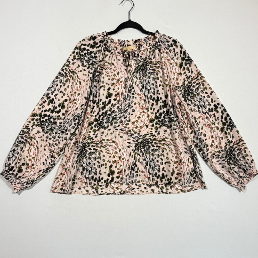 Hope & Harlow Blouse Women L Pink Abstract Animal Print Ruffle Tie Peasant Top